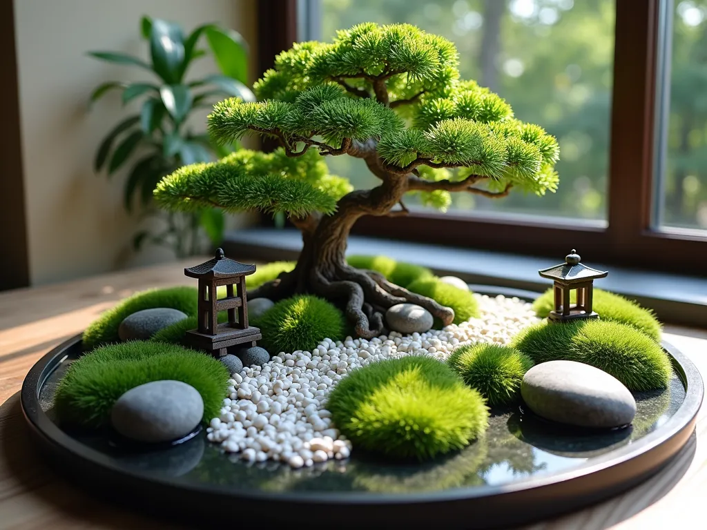 Serene Indoor Bonsai Rock Garden - A close-up shot of an elegant indoor bonsai rock garden display, featuring a meticulously pruned Japanese maple bonsai tree as the centerpiece. The tree sits atop a black lacquered wooden platform, surrounded by carefully arranged smooth river rocks in varying shades of gray and charcoal. Lush green moss patches create a soft carpet between the stones, while smaller white pebbles create gentle pathways. Soft morning light filters through a nearby window, casting gentle shadows that enhance the peaceful zen-like atmosphere. The composition includes miniature stone lanterns and a small water feature, creating a perfect balance of natural elements in this indoor meditation space.