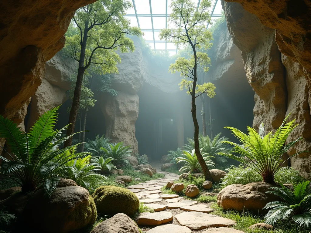 Indoor Jurassic Rock Garden Sanctuary - A DSLR wide-angle shot of a dramatic indoor prehistoric rock garden bathed in soft, diffused natural light from overhead skylights. Ancient-looking limestone and sandstone formations create a layered landscape, with authentic fossils embedded within the rocks. Lush Dicksonia tree ferns tower overhead, while clusters of primitive Equisetum (horsetails) and Cycads emerge from between weathered boulders. A gentle mist hovers over the garden, creating an ethereal Jurassic atmosphere. The foreground features detailed textures of moss-covered rocks and small prehistoric-looking ferns, while the background reveals the grand scale of the indoor space with dramatic rock formations. The composition includes a natural stone pathway winding through the garden, offering multiple viewing perspectives of this prehistoric sanctuary.