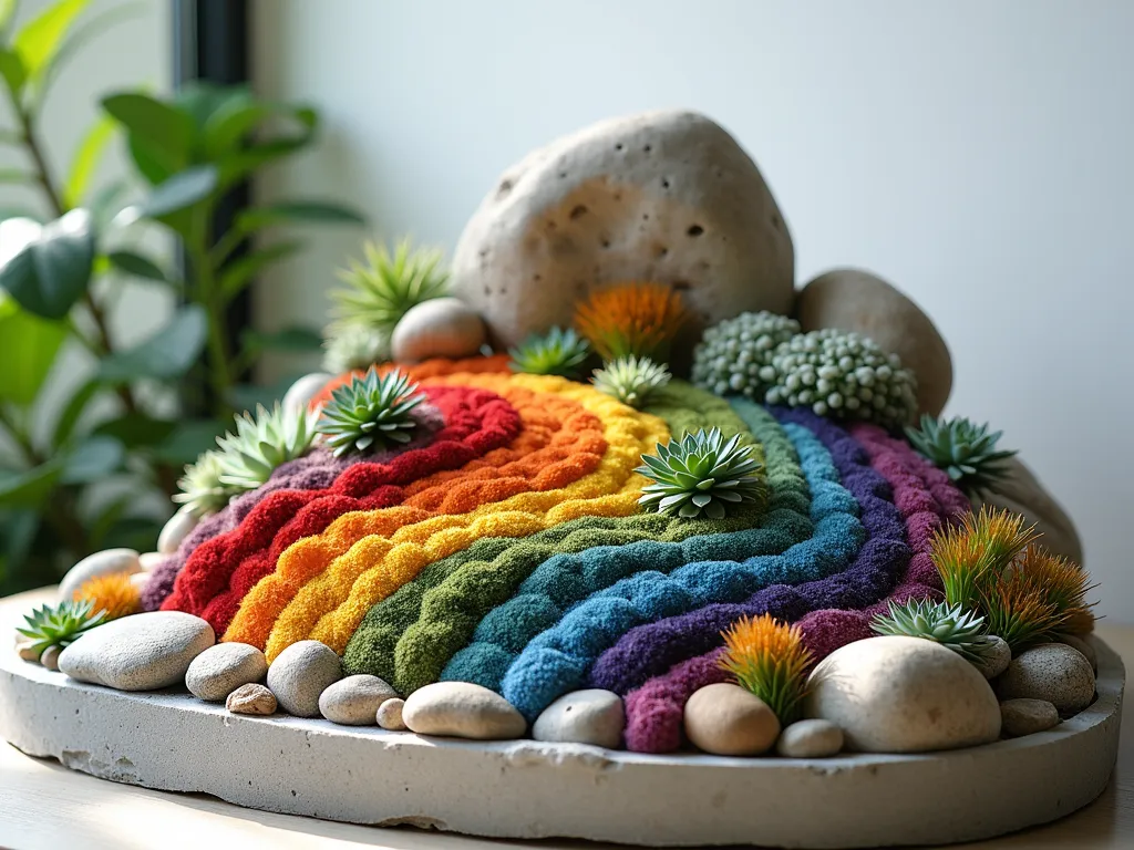 Indoor Rainbow Rock Garden Display - Close-up shot of a stunning indoor rock garden display featuring smooth river rocks arranged in elegant curved rainbow bands, transitioning from deep reds through oranges, yellows, greens, blues, and purples. Small succulents and alpine plants nestle between the rocks, matching each color section – red echeveria, orange coppertone sedum, yellow creeping jenny, blue senecio serpens, and purple lithops. Soft afternoon sunlight streams through a nearby window, casting gentle shadows and highlighting the natural variations in the rock colors. The arrangement is elevated in a modern, shallow concrete planter against a clean white wall, creating a striking artistic focal point.