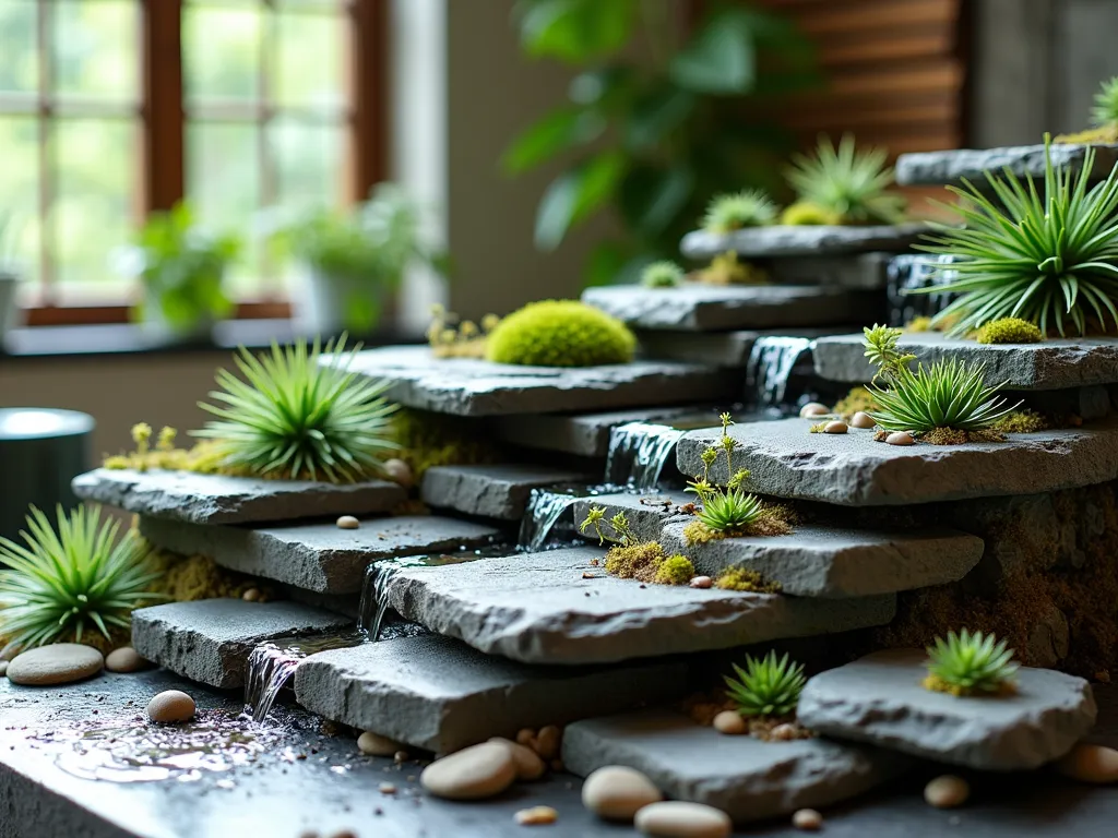 Indoor Zen Rock Terrace Garden - A stunning indoor rock garden featuring multiple cascading stone terraces bathed in soft natural light from a nearby window. Captured in DSLR wide-angle at f/8, showcasing three distinct levels of flat granite and slate stones arranged in a Japanese-inspired design. Small succulents, miniature ferns, and moss peek between the rocks, while tiny sempervivums create rosette patterns along the edges. Crystal-clear detail highlights the natural texture of the stones, with small pebbles artfully placed between levels. A small ceramic water feature trickles down the terraces, creating a peaceful atmosphere. The composition leads the eye from bottom to top, emphasizing depth and dimensional layering against a simple, neutral background.