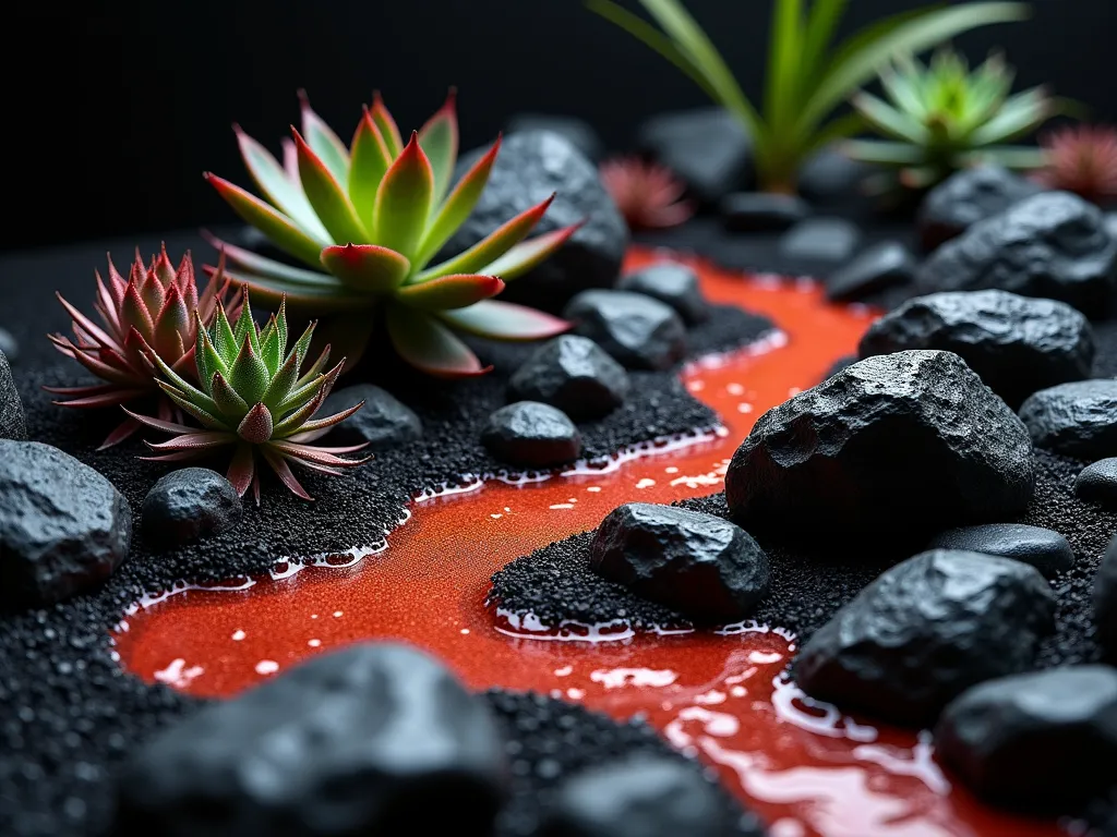 Indoor Volcanic Rock Garden Oasis - A dramatic close-up shot of an indoor rock garden featuring a mesmerizing volcanic landscape design. Black lava rocks of varying sizes create striking elevation changes, complemented by smaller red-tinted stones that simulate flowing lava patterns. Desert-adapted succulents like red-tipped Echeveria and spiky Agave emerge from between the rocks, while black volcanic sand creates winding paths throughout. Accent lighting casts dramatic shadows, highlighting the textural contrast between smooth and rough rock surfaces. The composition is arranged in a corner setting with a dark charcoal backdrop, creating an intimate and moody atmosphere that emphasizes the volcanic theme.