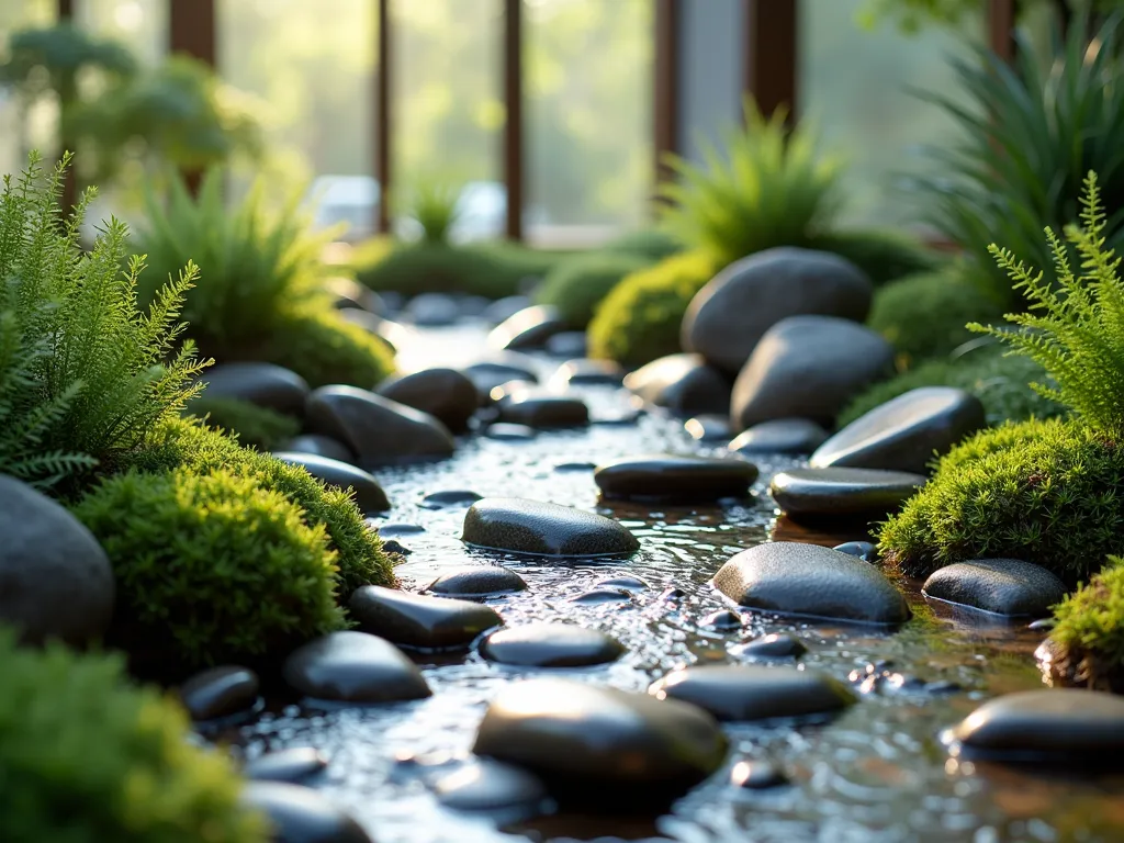 Indoor Zen River Rock Garden - A close-up shot of an elegant indoor dry river bed garden, captured in soft morning light streaming through large windows. Smooth, polished river rocks in gradating sizes from dark gray to silver create a meandering stream pattern across the space. Small clumps of emerald moss and delicate ferns line the edges, while miniature Japanese forest grass adds movement and texture. The rocks glisten with a subtle sheen, arranged to mimic natural water flow patterns. Shot with shallow depth of field highlighting the intricate rock placement and plant textures, creating a serene and meditative indoor landscape.