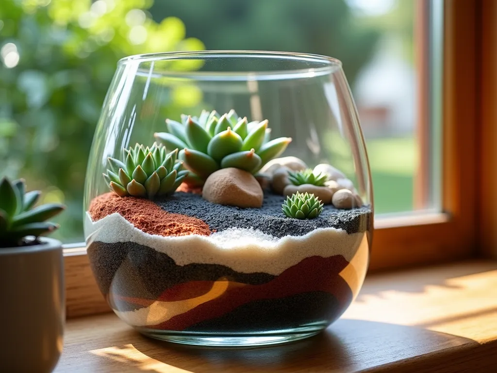 Layered Succulent Terrarium Art - Close-up shot of an elegant cylindrical glass terrarium featuring dramatic layers of colored stones and sand in earth tones, from deep charcoal to rust red and pristine white. Small echeveria and barrel cacti emerge from the layers at varying heights, creating an architectural composition. Soft afternoon sunlight streams through a nearby window, casting gentle shadows and highlighting the crystalline structure of the stones. The terrarium is positioned on a natural wood indoor windowsill overlooking a lush garden backdrop, shot with shallow depth of field at f/2.8 to emphasize the intricate layers and textures.