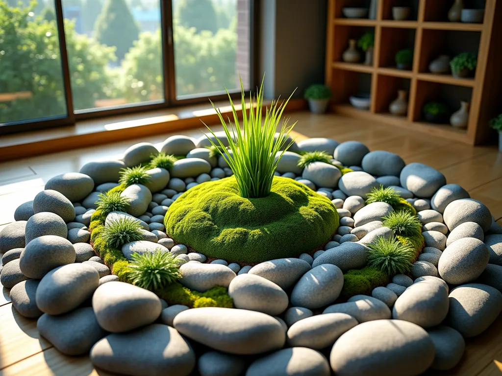 Mesmerizing Indoor Spiral Rock Garden - A stunning DSLR wide-angle photograph of an indoor spiral rock garden illuminated by soft natural light streaming through nearby windows. Smooth river rocks of varying sizes arranged in a perfect Fibonacci spiral pattern, creating a mesmerizing zen-like focal point. Small clusters of emerald green moss, delicate ferns, and miniature succulents nestled between the curved stone pathways. The spiral formation leads to a centerpiece of a single, elegant Japanese forest grass. The surrounding space features minimalist decor with natural wood elements, enhancing the meditative atmosphere. The photograph captures the interplay of textures between smooth stones, soft moss, and architectural plant forms, with subtle shadows adding depth and dimension to the spiral pattern.