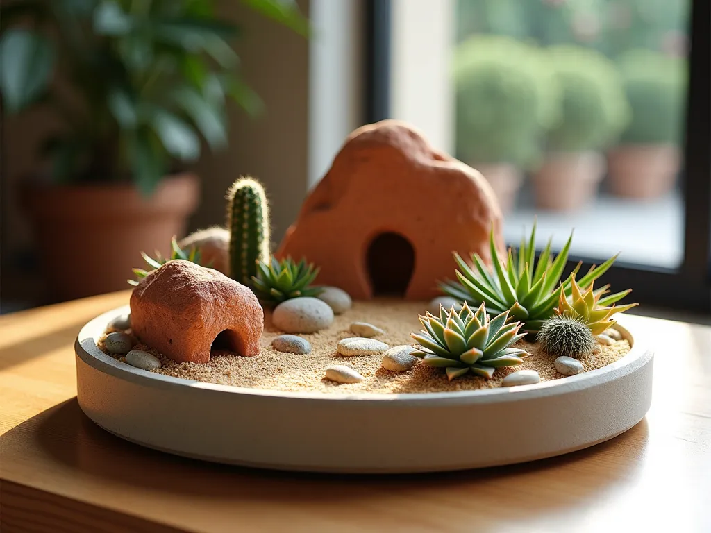 Miniature Desert Rock Garden Sanctuary - Close-up view of an elegant indoor miniature desert rock garden featuring smooth red sandstone formations and carefully arranged succulents. A tiny artistic oasis showcasing various cacti species, including barrel cactus and echeveria, nestled among fine golden desert sand. Small decorative elements include a miniature adobe house and tiny painted ceramic cacti. Soft afternoon sunlight filters through nearby windows, casting gentle shadows across the textured landscape, all contained within a modern shallow concrete planter on a sleek wooden coffee table. The arrangement is accented with small polished river rocks and delicate air plants for added dimension.