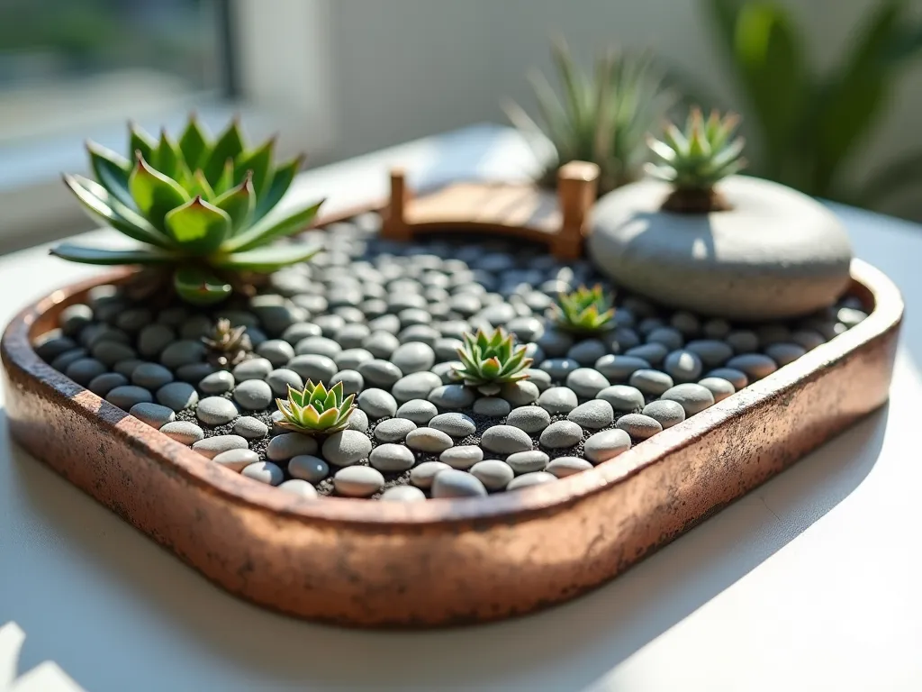 Miniature Rock Garden Maze - Close-up shot of an elegantly designed desktop rock garden maze, featuring smooth gray and white river pebbles arranged in intricate geometric patterns. Small succulent plants like Sempervivum and mini Echeveria rosettes nestled at maze intersections create living focal points. Natural morning light streams through a nearby window, casting gentle shadows across the polished stones. The maze is contained within a shallow rectangular copper planter with weathered patina, set against a minimalist white surface. A tiny wooden bridge spans one section of the maze, adding architectural interest. Depth of field focuses on the detailed stone patterns while softly blurring the background, shot at f/2.8 with morning light creating subtle highlights on the stones.