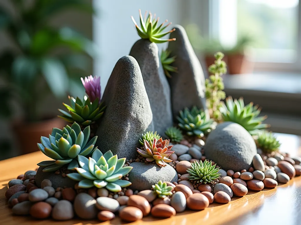 Miniature Succulent Mountain Range - A close-up shot of an artfully arranged indoor rock garden featuring a dramatic mountainous landscape made from smooth grey and rust-colored stones of varying sizes, stacked in ascending heights. Diverse succulents in shades of blue-green, purple, and pale pink nestle naturally in the crevices between rocks. Echeveria rosettes cascade down the slopes, while tall, spiky Sempervivum emerge from the peak. Soft afternoon sunlight streams through a nearby window, casting gentle shadows that emphasize the depth and texture of the arrangement. The base is lined with small polished river rocks in complementary earth tones, photographed with shallow depth of field to create a dreamy, miniature landscape effect. Shot with a 16-35mm lens at f/2.8, ISO 400.