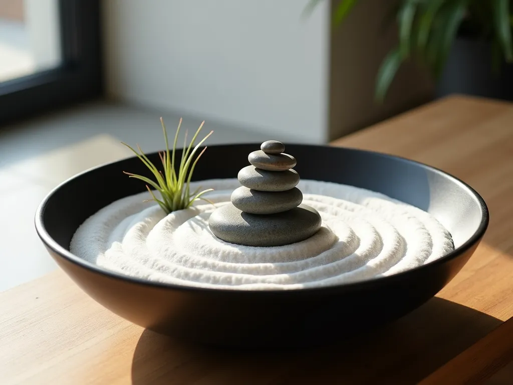 Serene Indoor Zen Bowl Garden - Close-up shot of an elegant, minimalist Zen garden featuring a large matte black ceramic bowl filled with pristine white sand, meticulously raked in concentric circles. Three perfectly smooth river stones in graduating sizes create a harmonious composition, while a delicate Tillandsia air plant adds a touch of living beauty. The scene is captured in soft, natural morning light streaming through a nearby window, creating subtle shadows that emphasize the garden's peaceful geometry. The bowl sits on a sleek wooden surface, with a blurred minimalist interior background suggesting a meditation space.