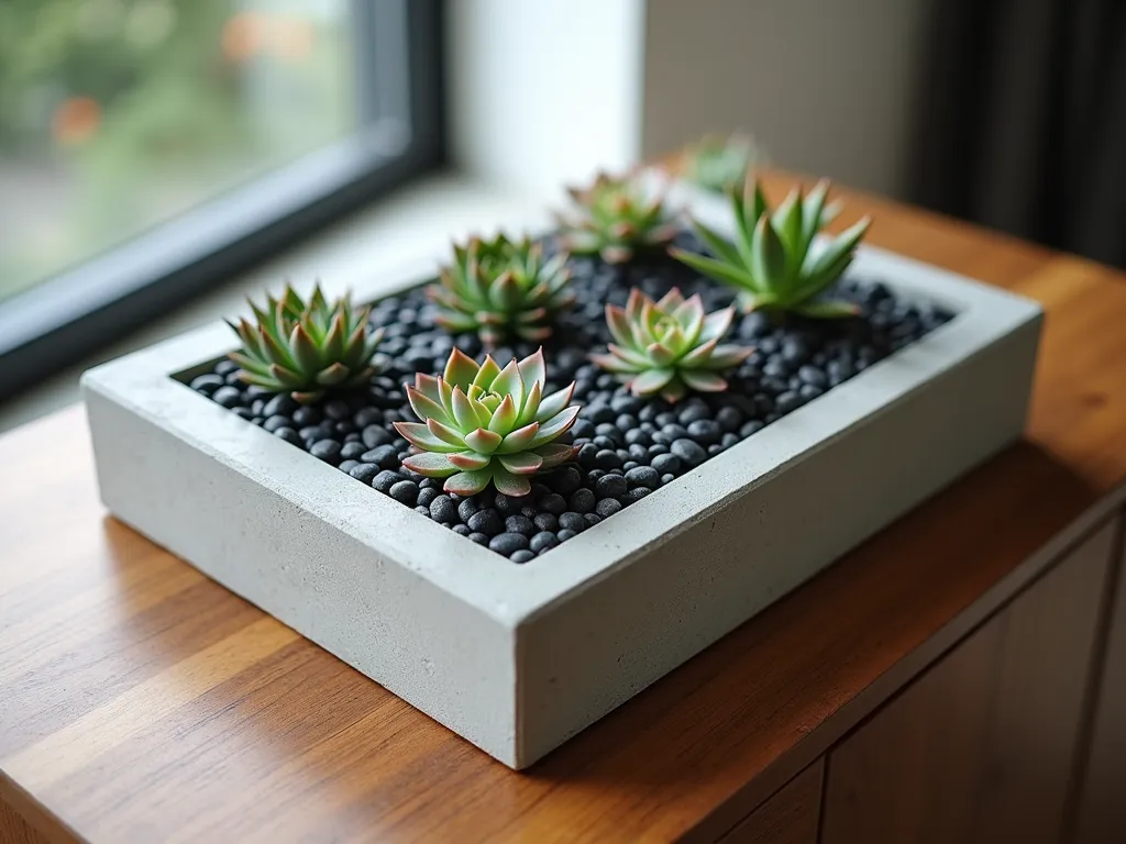 Modern Geometric Indoor Rock Garden - A close-up DSLR shot at f/8 of a sleek, rectangular concrete planter featuring meticulously arranged dark and light river rocks in a striking hexagonal pattern. Small echeveria succulents and air plants are strategically placed at intersecting points, creating a mesmerizing geometric design. Soft morning light streams through nearby windows, casting subtle shadows that enhance the dimensional quality of the arrangement. The minimalist container sits atop a modern wooden console in a contemporary indoor setting, with clean architectural lines visible in the background.