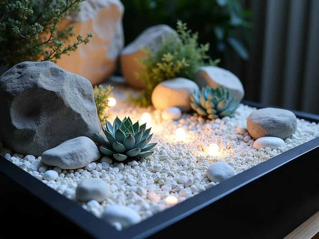 Modern Indoor Lunar Rock Garden - A close-up view of a mesmerizing indoor moon rock garden illuminated by soft LED strip lighting, featuring smooth white and silver-grey river rocks arranged in gentle curves reminiscent of lunar maria. Silvery Artemisia, dusty miller, and white echeveria create an ethereal landscape against a backdrop of larger limestone boulders. Small crushed quartz crystals sparkle like stardust between the plants, while a sleek black modern planter provides dramatic contrast. The scene is captured during evening hours with strategic uplighting creating mysterious shadows that enhance the otherworldly atmosphere.