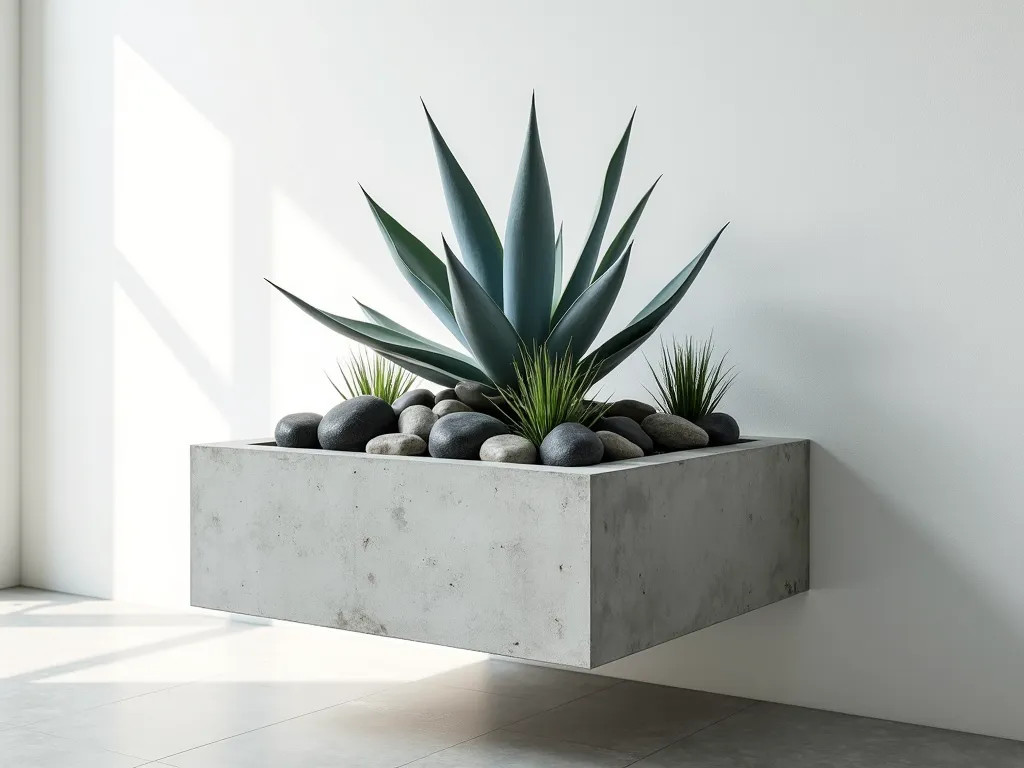 Modern Minimalist Rock Cube Garden - A stunning close-up shot of a large cubic concrete planter floating against a pure white wall in a modern indoor space. The planter features a meticulous arrangement of smooth black and white river rocks of varying sizes, creating a zen-like pattern. A single architectural succulent, Agave attenuata, emerges dramatically from the center, its blue-green leaves providing an organic contrast to the geometric design. Small tufts of Mexican feather grass peek between the rocks, adding movement and softness. Indirect natural light from above casts subtle shadows, emphasizing the cube's clean lines and the textural interplay between rocks and plants. Professional studio lighting creates a sophisticated, gallery-like atmosphere.