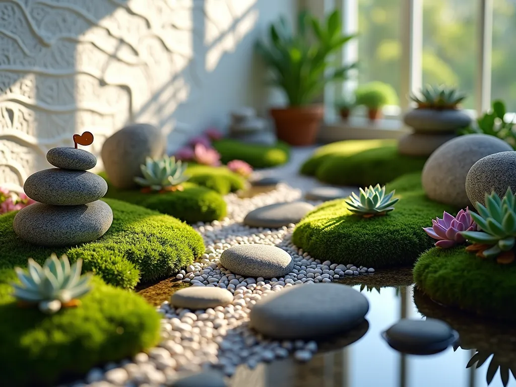 Musical Rock Garden Symphony - Close-up view of an artistic indoor rock garden featuring smooth, dark river rocks meticulously arranged to form musical notes on raised platforms resembling a musical staff, with delicate Irish moss growing between the stones. Small succulent plants in varying shades of green and purple act as musical symbols, while thin strips of white pebbles create the staff lines. Soft afternoon sunlight streams through nearby windows, casting gentle shadows that enhance the three-dimensional nature of the arrangement. The backdrop features a textured white wall, and small LED spotlights are strategically placed to illuminate the garden's musical elements.