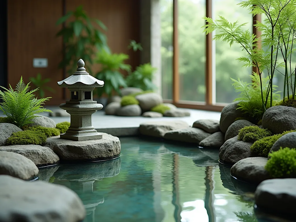 Serene Japanese Indoor Rock Pool Garden - A tranquil indoor Japanese rock garden centered around a shallow, crystal-clear water pool. Natural stone slabs of varying sizes and textures are artfully arranged around the pool, with some partially submerged in the water. Lush green moss carpets the rocks' edges, while delicate ferns and small bamboo plants provide minimal yet elegant greenery. Soft, diffused natural light filters through a nearby window, creating gentle reflections on the water's surface. The composition is photographed from a 45-degree angle to capture both the depth of the pool and the architectural arrangement of the rocks, with careful attention to the interplay of light and shadow. A traditional stone lantern stands as a focal point, its gentle presence adding authenticity to the zen-like atmosphere. DSLR shot, f/8, ISO 100, 1/125, wide-angle lens capturing the complete composition while maintaining intimate details.