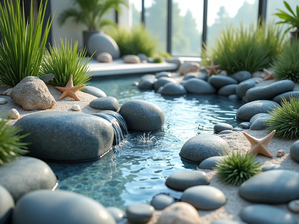 Tranquil Indoor Coastal Rock Pool Garden - A stunning close-up shot of an elegant indoor rock garden featuring a mesmerizing arrangement of smooth, polished river stones and beach pebbles in varying shades of grey and blue. Crystal-clear water trickles over the rocks, creating a serene coastal pool effect. Clusters of ornamental grasses and small coastal succulents emerge between the stones, while delicate shells and starfish are artistically placed throughout. Natural light streams through nearby windows, creating gentle reflections on the water's surface. The composition includes blue-grey slate pieces and white sand pathways, evoking a peaceful beachside atmosphere. Shot with a digital camera at f/2.8, creating a dreamy depth of field that highlights the intricate details of the rocks and coastal elements.