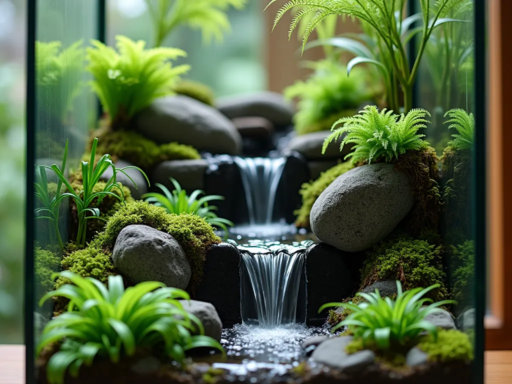 Tranquil Indoor Terrarium Waterfall - Close-up, dramatic shot of a large glass terrarium featuring a mesmerizing miniature waterfall cascading over strategically placed dark granite and river rocks. Crystal-clear water trickles down multiple levels of smooth stones, creating a zen-like atmosphere. Lush ferns, baby tears, and vibrant green moss carpet the base and edges of the waterfall. Soft, diffused afternoon light filters through the glass, creating subtle rainbow refractions and highlighting the water droplets. Small air plants cling to the rock faces, while delicate maidenhair ferns frame the scene. The terrarium sits in a modern indoor garden space with natural wood elements visible in the background, perfectly capturing the marriage of nature and interior design.