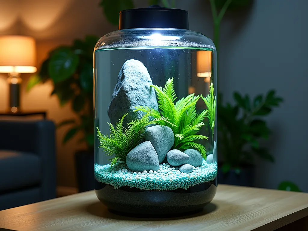 Modern Indoor Underwater Rock Garden Display - Close-up view of an elegant cylindrical glass terrarium featuring a mesmerizing underwater rock garden, illuminated by soft LED lighting. Delicate aquatic plants like Java Fern and Anubias sway gently among strategically placed smooth river rocks and polished stones in varying shades of blue and grey. Crystal-clear water with rising air bubbles creates a dynamic, meditative atmosphere. Small decorative pebbles in turquoise and white form natural-looking pathways between the plants. The terrarium is positioned on a sleek wooden console table against a contemporary indoor living wall, creating a stunning focal point for an indoor garden space. Ambient evening lighting casts gentle shadows, highlighting the underwater landscape's depth and movement.