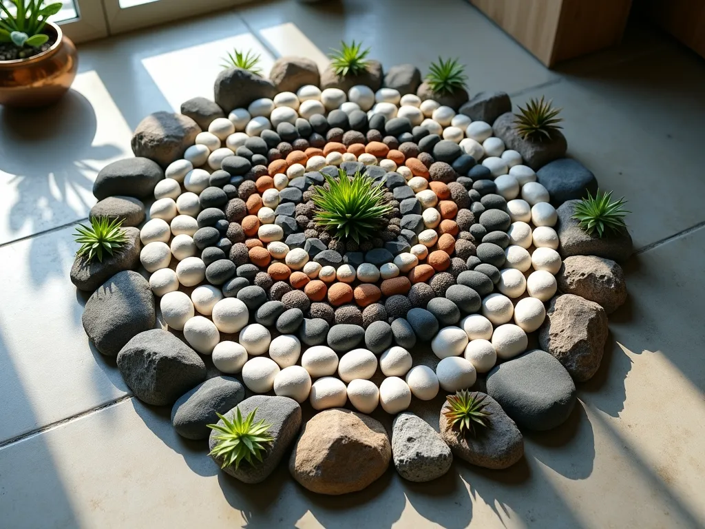 Zen Indoor Rock Mandala Garden - Close-up shot of a stunning circular rock mandala garden arrangement on a polished concrete floor, photographed from above. The mandala pattern features concentric circles of carefully placed stones in varying sizes and colors - from smooth white river rocks in the center, transitioning to gray slate, dark basalt, and rust-colored stones. Small clusters of air plants and miniature succulents are symmetrically placed at cardinal points, creating bursts of green life. Soft natural light streams in from a nearby window, casting gentle shadows that emphasize the texture and patterns of the rocks. A copper singing bowl sits at the edge of the composition, suggesting meditation space. Shot with a digital camera, 16-35mm lens at f/2.8, ISO 400, capturing the intricate details and peaceful atmosphere of this indoor zen garden feature.