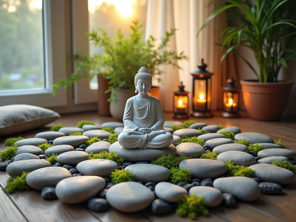 Zen Meditation Rock Garden Corner - A serene indoor meditation corner photographed at golden hour, with soft natural light filtering through sheer curtains. Smooth polished river rocks arranged in perfect concentric circles ripple outward from a carved white marble Buddha statue. Small potted bamboo plants and delicate moss patches nestled between the stones create organic texture. Crystal quartz points catch the warm light at strategic points. Wide-angle shot at f/2.8 capturing the entire peaceful corner setup with a low meditation cushion nearby, creating dramatic depth and perspective. The neutral gray and white stones contrast beautifully with the deep green plants, while copper lanterns provide subtle ambient lighting. Shot with shallow depth of field highlighting the central focal point while softly blurring the edges.