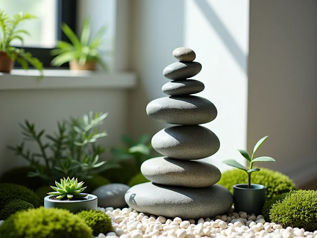 Zen Rock Stack Garden Corner - A serene indoor corner featuring an artistically balanced stack of smooth river rocks, carefully positioned in a meditative arrangement. The rocks, varying in size and natural grey tones, are surrounded by lush green moss patches and small potted succulents. Soft, natural light filters through a nearby window, creating gentle shadows that emphasize the sculptural nature of the balanced rocks. The base features a bed of small white pebbles, while delicate ferns and air plants accent the corners. The composition is captured in a diagonal perspective, showing both the height of the rock stack and the surrounding miniature garden landscape, creating a peaceful, contemplative atmosphere.