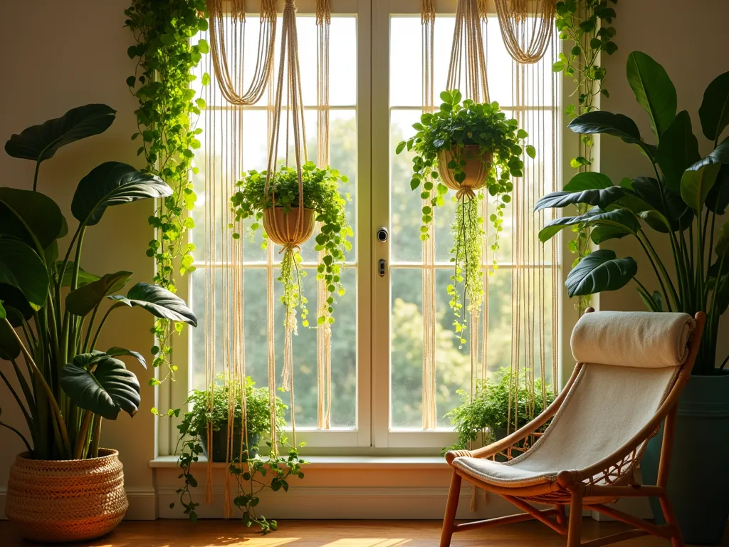 Bohemian Macramé Window Garden - A sunlit window space transformed by an elegant macramé plant curtain arrangement, photographed in golden hour light. Multiple rows of intricate cream-colored macramé hangers suspend lush trailing plants at varying heights. Vibrant pothos with cascading emerald and variegated leaves intertwine with delicate string of pearls creating gentle waterfall effects. Philodendron vines weave throughout, their heart-shaped leaves catching warm sunlight. The natural window light filters through the living curtain, casting intricate shadows on a nearby rattan chair and wooden flooring. Modern bohemian aesthetic with natural textures and organic patterns, photographed in a wide angle to showcase the full window treatment, with subtle depth of field highlighting the detailed macramé knots and plant textures. 8k resolution, cinematic lighting