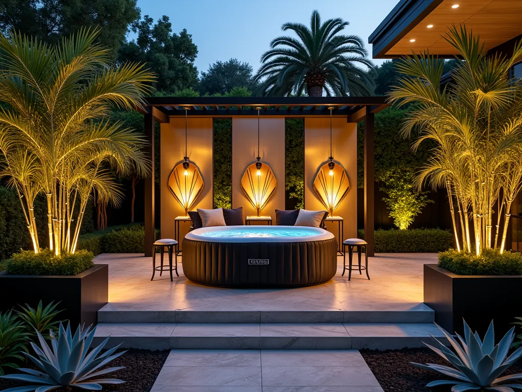 Art Deco Garden Oasis with Inflatable Hot Tub - A twilight garden scene captured with a wide-angle lens showing a luxurious Art Deco-inspired outdoor space. An elegant inflatable hot tub sits on a geometric-patterned tile platform, surrounded by stepped planters containing tall palm trees and architectural bamboo. Metallic gold privacy screens with classic Art Deco fan patterns create a backdrop, while chrome and black velvet loungers flank the hot tub. Glass pendant lights with geometric patterns hang from a modern pergola, casting dramatic shadows. Large decorative mirrors with gold geometric frames reflect the garden's ambiance. Bold Cordyline plants and silver-blue Agave provide structural elements. The scene is photographed at dusk with warm lighting, shot at f/2.8, creating a magical atmosphere with bokeh effects from strategic garden lighting. 16-35mm lens captures the entire composition while maintaining intimate details.