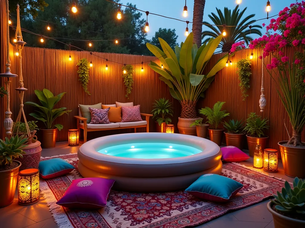 Bohemian Hot Tub Garden Haven - A twilight garden scene featuring an inflatable hot tub nestled within a bohemian-styled outdoor space. Surrounding the tub are vibrant Moroccan lanterns casting warm, patterned light. Plush, jewel-toned floor cushions in magenta, turquoise, and amber rest on a vintage Persian outdoor rug. Macramé plant hangers suspend potted trailing plants like String of Pearls and Spider Plants. The space is adorned with mixed textiles featuring mandala patterns and rich embroidery. Tall bamboo screens provide privacy, while potted palms and colorful bougainvillea add lush greenery. Copper and brass vintage vessels hold succulents, creating an eclectic mix of heights and textures. Fairy lights intertwine overhead, creating a magical ambiance. Shot from a wide angle to capture the entire dreamy setup, with the focus on how all elements harmoniously blend together.