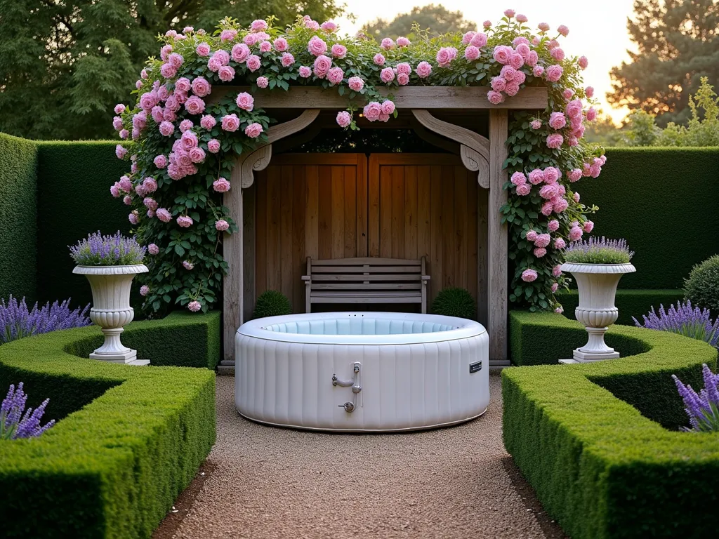 Classic English Garden with Inflatable Hot Tub - A serene twilight wide-angle shot of an elegant English garden setting, featuring a pearl-white inflatable hot tub nestled within a formal garden design. Perfectly manicured boxwood hedges create geometric patterns around the space, while climbing pink David Austin roses cascade over a weathered wooden arbor. Classical stone statuary and ornate urns filled with lavender frame the scene. A curved gravel pathway leads to a traditional wooden garden bench. Soft landscape lighting illuminates the formal plant arrangements of hydrangeas and foxgloves. The composition is photographed with a dreamy depth of field, capturing the golden hour light filtering through the classical garden elements. Shot with a 16-35mm lens at f/2.8, ISO 400, creating a perfect balance between sharp detail and atmospheric bokeh.