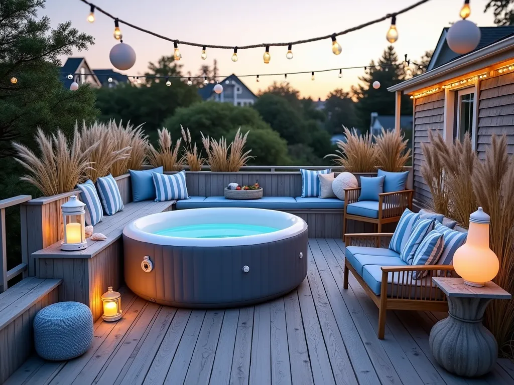 Coastal Haven Inflatable Hot Tub Retreat - A serene dusk scene of an inflatable hot tub nestled on weathered grey wooden decking, surrounded by swaying coastal grasses and sea oats. Natural rope railings frame the space, while vintage nautical lanterns cast a warm glow. Weathered driftwood pieces and oversized white seashells decorate the deck corners. Light blue and white striped outdoor cushions adorn built-in bench seating. Coastal ornamental grasses create privacy, their silvery plumes catching the last light of day. Beach-inspired decor includes a distressed white lighthouse ornament and authentic fishing floats hanging from posts. Wire-brushed teak furniture with azure blue cushions complements the oceanic theme. A string of warm white nautical rope lights adds ambient lighting overhead.