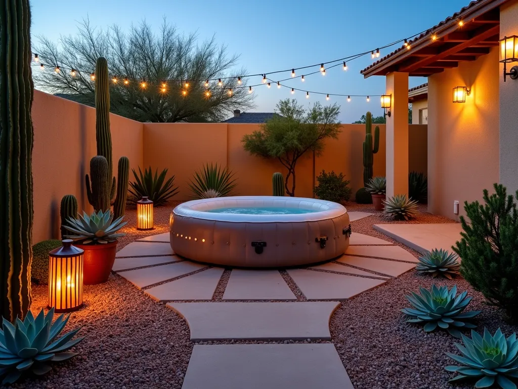 Desert Spa Sanctuary - A stunning twilight photograph of a modern desert garden featuring an elegant inflatable hot tub nestled within a carefully curated southwestern landscape. Low adobe walls with warm lighting create an intimate atmosphere, while tall saguaro cacti and golden barrel cacti stand as natural sculptures. The space is anchored by geometric sand-colored pavers creating a modern patio area, complemented by decorative copper lanterns casting warm glows. Beds of assorted succulents in blue-green hues provide texture, while desert pebbles in earth tones form artistic pathways. A weathered copper water feature adds gentle ambient sound. Captured with a wide-angle lens at f/2.8, the scene bathes in the last rays of sunset, with string lights draped overhead creating a magical atmosphere. Shot at ISO 400 to capture the natural desert twilight ambiance.