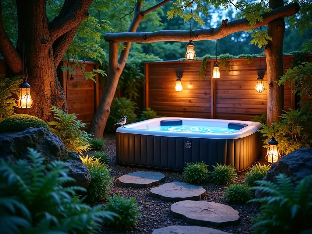 Enchanted Forest Hot Tub Haven - A serene twilight scene of an inflatable hot tub nestled in a woodland garden setting, shot with a wide-angle lens. Native ferns cascade around natural moss-covered boulders, creating a lush green sanctuary. Rustic timber screens provide privacy, while warm-glowing solar lanterns hang from overhanging maple branches, casting magical patterns on the water's surface. Natural cedar stepping stones lead to the hot tub, surrounded by clusters of woodland plants. Copper bird feeders hang discretely among the foliage, with a chickadee perched on one. The scene is captured during blue hour, with the solar lights creating an ethereal ambiance against the deepening sky, showcasing perfect depth of field and natural lighting.