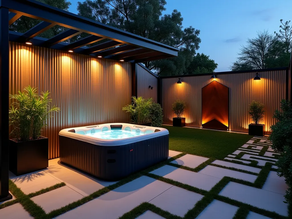 Industrial Chic Hot Tub Garden Retreat - Wide-angle dusk photograph of a modern backyard featuring an inflatable hot tub set against a dramatic corrugated metal privacy screen wall with warm LED uplighting. The hot tub sits on sleek concrete pavers arranged in a geometric pattern. Surrounding the space are tall galvanized metal planters containing architectural grasses and bamboo. Industrial-style pendant lights hang from a black metal pergola frame, casting dramatic shadows. Minimalist metal wall art adorns the privacy screen, while angular Corten steel water features create a contemporary ambiance. Sharp contrast between industrial materials and soft lighting, captured with cinematic depth at blue hour, 16-35mm lens, f/2.8, ISO 400