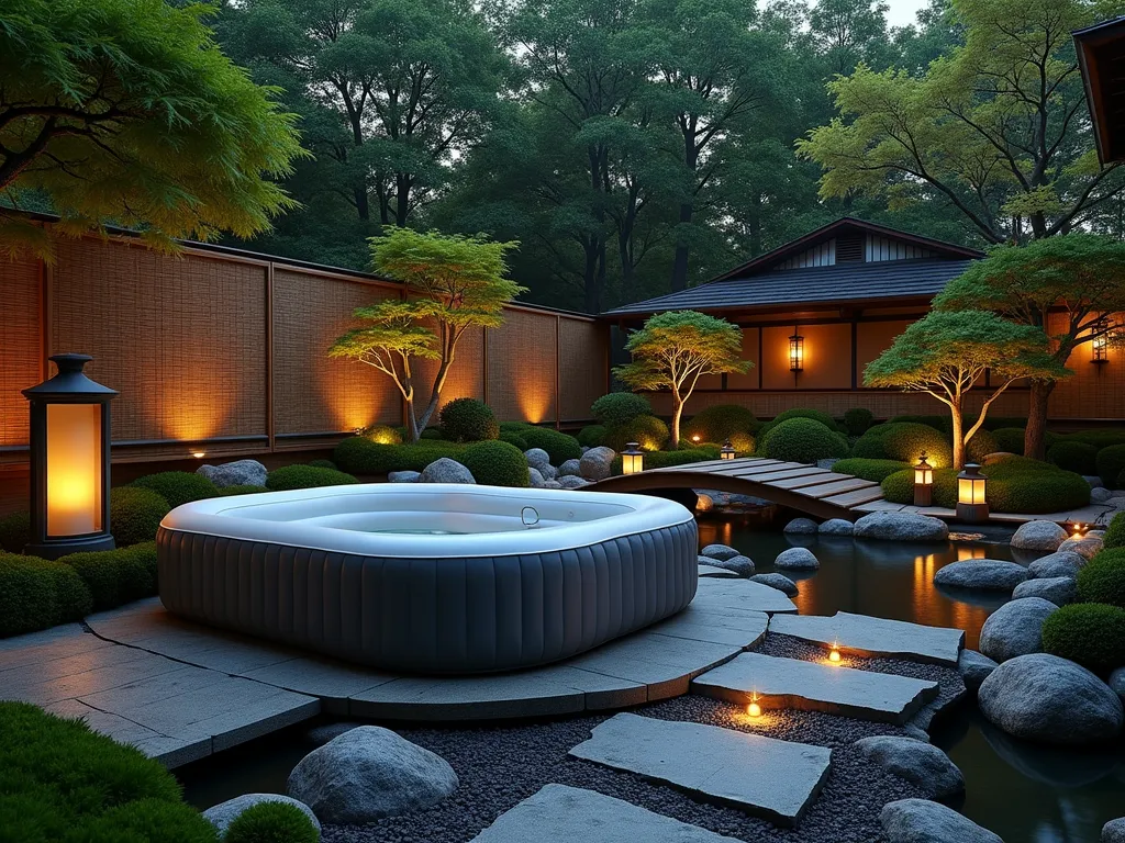 Zen Hot Tub Garden Retreat - A serene twilight scene of an inflatable hot tub nestled within a meticulously designed Japanese garden, captured in wide angle. The hot tub sits on a natural stone platform, surrounded by carefully manicured moss gardens and dwarf Japanese maples. A gently curved wooden bridge crosses over a small rock garden with raked gravel patterns. Traditional stone lanterns emit a warm glow, illuminating the space while casting dramatic shadows on bonsai trees. Bamboo privacy screens create natural boundaries, while a small waterfall feature provides ambient sounds. Shot with soft evening light filtering through Japanese maple leaves, creating a mystical atmosphere. Digital photography, 16-35mm lens, f/2.8, ISO 400, capturing the perfect balance of natural and ambient lighting.