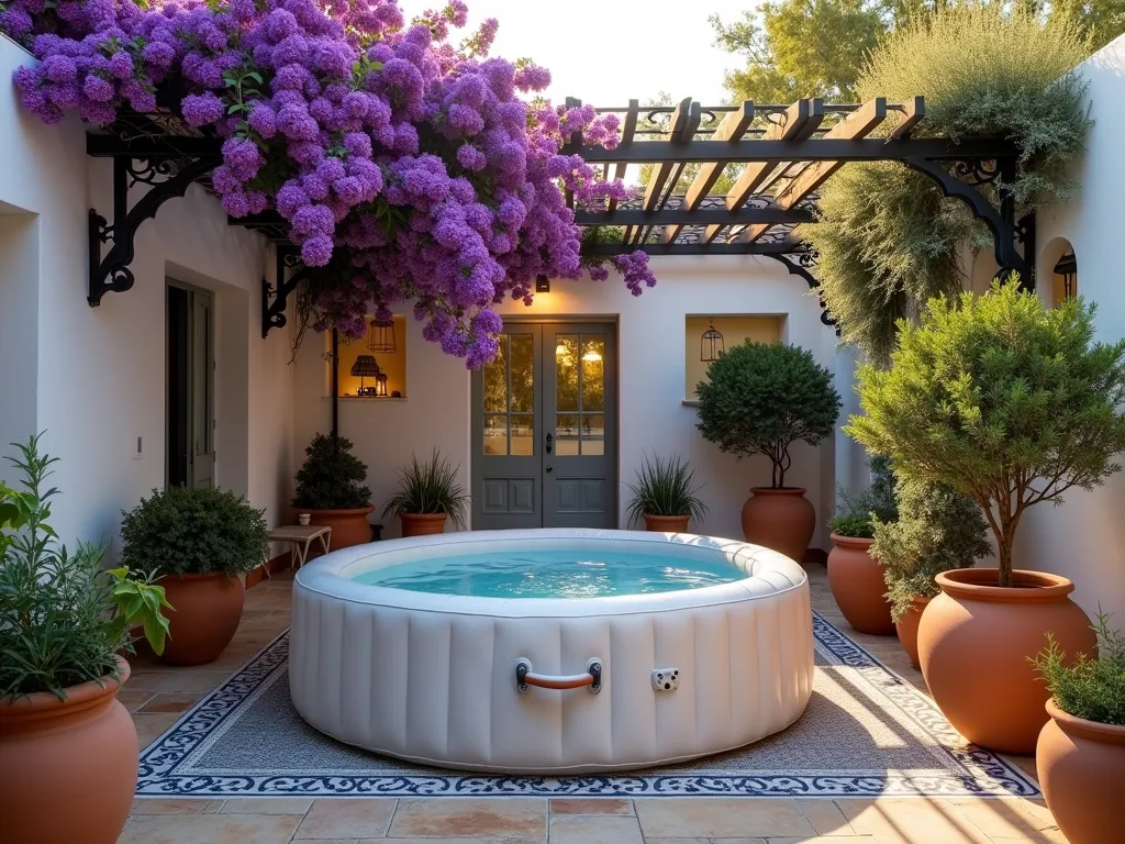 Mediterranean Courtyard Hot Tub Oasis - A serene Mediterranean courtyard at golden hour, featuring an inflatable hot tub nestled within white-washed walls adorned with cascading purple bougainvillea. Traditional terracotta pots of various sizes line the space, filled with fragrant lavender and rosemary. A wrought iron pergola partially covers the hot tub, casting delicate shadows on the natural stone patio. Potted lemon trees in large ceramic planters frame the scene, while intricate blue and white mosaic tiles create a decorative border around the hot tub area. Soft evening light filters through the climbing vines, creating a warm, inviting atmosphere. Shot with a wide-angle lens to capture the entire courtyard layout, with careful attention to the interplay of Mediterranean architectural elements and lush vegetation. 8K, ultra-detailed, architectural photography.