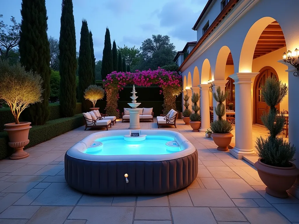 Mediterranean Villa Hot Tub Garden - A twilight wide-angle photograph of a luxurious Mediterranean-style garden with an inflatable hot tub as the centerpiece, surrounded by classical white stone columns and formal cypress trees. The garden features herringbone-pattern travertine paving, terracotta planters filled with lavender and rosemary. Ornate wrought iron furniture adorns a nearby seating area, while a tiered classical fountain creates ambient water sounds. Soft landscape lighting illuminates the columns and trees, creating dramatic shadows. The space is adorned with climbing bougainvillea on pergola posts, and Mediterranean olive trees in large classical urns. Shot with a 16-35mm lens at f/2.8, ISO 400, capturing the warm evening ambiance and architectural details.