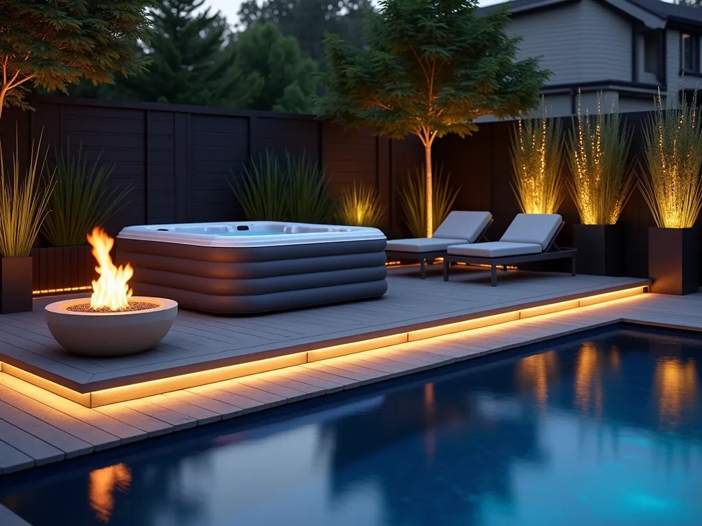 Modern Fire and Water Retreat - Dusk photography of a contemporary backyard space featuring an elegant inflatable hot tub nestled on a raised composite deck. Adjacent to it, a sleek cylindrical concrete fire bowl with dancing flames creates dramatic lighting. Modern charcoal-colored lounge chairs with clean lines and light gray cushions bridge the space between. Minimalist steel planters with tall ornamental grasses provide privacy screening. Warm LED strip lighting underneath the deck steps creates ambient illumination. Shot with a wide-angle perspective capturing the interplay of fire reflection on the water's surface, f/2.8, soft bokeh effect in background.