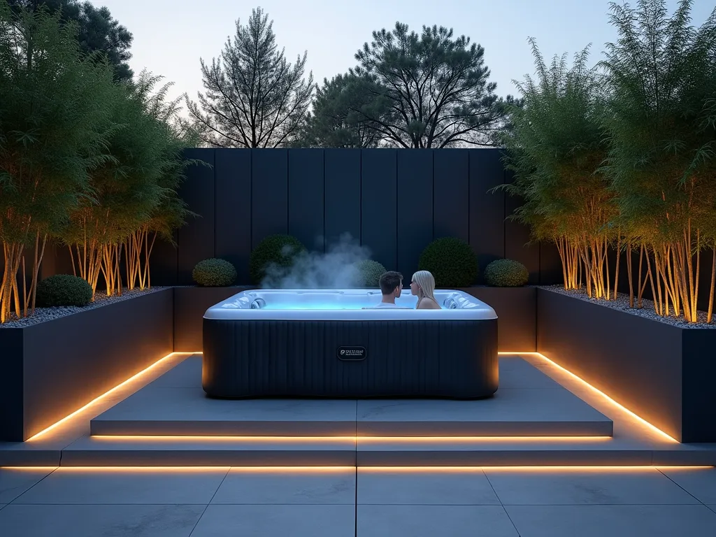 Minimalist Zen Hot Tub Garden - A sophisticated evening scene of a modern backyard featuring an inflatable hot tub set on a polished concrete pad, photographed at twilight with a wide-angle lens. The hot tub is surrounded by tall rectangular charcoal-colored planters containing perfectly manicured bamboo and architectural succulents. Clean-lined, low-profile gray lounge furniture complements the space. Subtle LED strip lighting embedded in the concrete's edge creates a floating effect, while illuminating the geometric garden layout. The monochromatic color palette in grays and silvers is punctuated by the gentle steam rising from the hot tub's surface. Photo captured with shallow depth of field highlighting the minimalist design elements and contemporary outdoor living space.