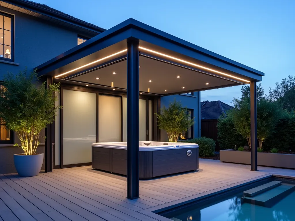 Luxurious Modern Pergola with Hot Tub Haven - A stunning twilight photograph of a contemporary aluminum pergola with clean lines, captured using a wide-angle lens. The structure features a sleek retractable gray canvas cover and houses an elegant inflatable hot tub beneath. Minimalist LED strip lighting illuminates the pergola's frame, creating a warm ambient glow. Modern sliding frosted glass privacy panels partially enclose the space. Stylish infrared heating elements are mounted discreetly on the pergola's beams. The surrounding deck features modern grey composite decking, with strategic uplighting highlighting architectural bamboo plants in large contemporary planters. The composition showcases the perfect balance between functionality and modern design, photographed during the blue hour to capture both natural and artificial lighting.