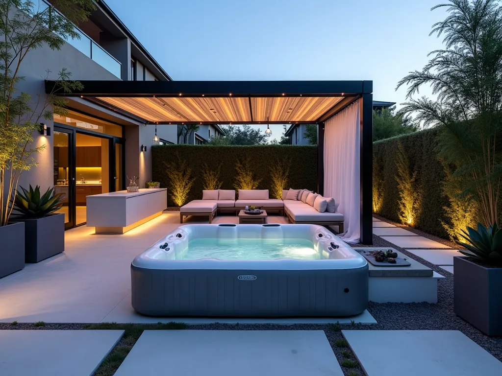 Modern Resort-Style Hot Tub Oasis - Wide-angle twilight shot of a luxurious modern backyard with an inflatable hot tub as the centerpiece, photographed with a 16-35mm lens at f/2.8, ISO 400. The space features a sleek glass-and-steel pergola with ambient LED strip lighting and cascading pendant lights. Contemporary grey modular outdoor furniture with clean lines surrounds the hot tub, accented by chrome and glass side tables. A modern outdoor kitchen with stainless steel appliances and a floating concrete counter sits to one side. Minimalist landscaping includes structured bamboo plants in large charcoal planters and architectural agave specimens. White limestone pavers create a sophisticated patio surface. The scene is completed with hotel-style white cabana curtains, floating around the pergola posts, and premium teak loungers with plush white cushions. Strategic uplighting illuminates the plants and architectural elements.