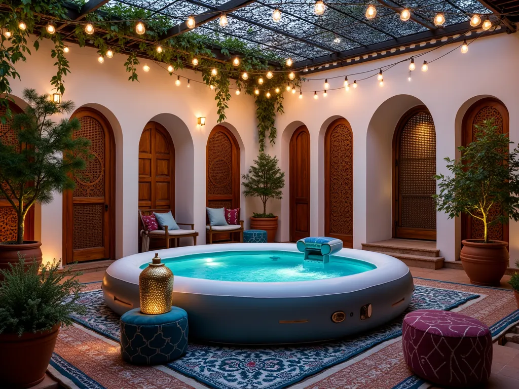 Luxurious Moroccan Garden Courtyard with Inflatable Hot Tub - A dusk photography of an intimate Moroccan-inspired garden courtyard, shot at f/2.8 with warm lighting. Centers on a premium inflatable hot tub nestled among intricate blue and turquoise zellige tiles. Ornate brass lanterns cast geometric shadows across whitewashed walls with horseshoe arches. Carved wooden screens create private zones while potted citrus trees and climbing jasmine add fragrant greenery. Plush jewel-toned poufs and a hammered brass side table rest on a traditional Moroccan rug beside the hot tub. Terracotta planters overflow with Mediterranean herbs. String lights interweave through decorative metalwork pergola above, creating a magical evening ambiance. Wide-angle shot capturing the entire intimate space with emphasis on the harmonious blend of traditional Moroccan design and modern luxury.