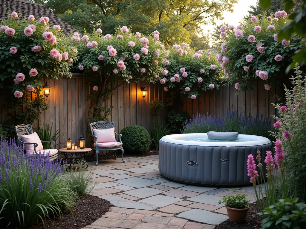 Rustic Cottage Garden Hot Tub Retreat - A dreamy twilight scene of a charming country garden setting photographed with a wide-angle lens. A natural stone patio hosts an elegant inflatable hot tub surrounded by weathered wooden privacy screens adorned with climbing pink David Austin roses. Lush cottage garden borders feature blooming lavender, foxgloves, and delphinium creating layers of purple and blue hues. A reclaimed brick pathway meanders through the garden, lined with fragrant herb gardens featuring sage, thyme, and rosemary. Vintage wrought iron furniture with weathered cushions sits nearby, while antique copper lanterns cast a warm, romantic glow. Nostalgic garden ornaments, including a weathered sundial and aged terracotta planters, complete the rustic ambiance. The scene is captured during the golden hour, with soft evening light filtering through the climbing roses, creating a magical atmosphere. Professional DSLR photo with perfect depth of field and natural lighting.