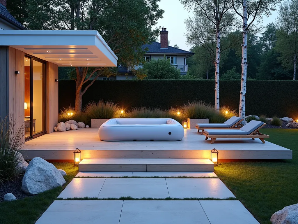 Scandinavian Garden Spa Retreat - Wide-angle twilight shot of a modern Scandinavian-inspired garden spa space, featuring an inflatable hot tub on a light blonde wooden deck. Minimalist pale gray stone pavers lead to the spa area, surrounded by strategic uplighting. Clean-lined teak lounge chairs with light gray cushions flank the hot tub. A sleek white pergola with transparent roof panels provides shelter, while copper lanterns cast a warm glow. Natural stone boulders and geometric concrete planters with native grasses create texture. Birch trees in the background add height and Nordic character. Shot with shallow depth of field highlighting the spa area's serene ambiance. DSLR, wide-angle lens, f/8, ISO 100, 1/125s, natural twilight illumination enhanced by ambient lighting.