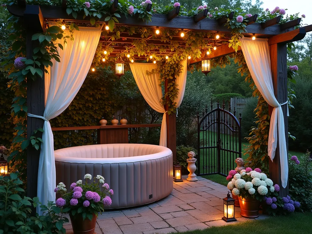 Enchanted Hot Tub Garden Sanctuary - A dreamy twilight photograph of a secluded garden nook featuring an elegant inflatable hot tub nestled beneath a weathered wooden pergola. Climbing pink David Austin roses and emerald ivy intertwine dramatically along antique wrought iron trellises and gates. Sheer white curtains billow gently in the evening breeze, creating an ethereal atmosphere. Victorian copper planters overflow with purple clematis and white hydrangeas. Vintage stone cherub statues stand guard while fairy lights twinkle overhead. Shot with a wide-angle lens to capture the magical ambiance, with soft natural lighting enhanced by the warm glow of lanterns. Captured at f/2.8 for beautiful bokeh effect, ISO 400 for the twilight conditions.