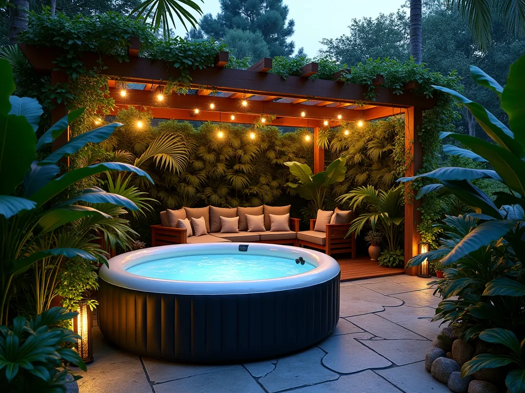 Tropical Hot Tub Paradise - A stunning twilight photograph of a luxurious inflatable hot tub nestled within a tropical garden paradise, shot from a wide angle. Dense layers of emerald Monstera deliciosa and towering Bird of Paradise create a natural privacy screen, while delicate orchids bloom at eye level. Hanging vines cascade from wooden pergola beams, and a sophisticated misting system creates an ethereal atmosphere with gentle vapor clouds catching the warm garden lighting. Natural stone pathways wind through lush foliage, accented by strategically placed copper landscape lights. Exotic bromeliads add splashes of color at ground level. The scene is photographed during the blue hour, with subtle landscape lighting creating a magical ambiance. A contemporary stone deck surrounds the hot tub, with weather-resistant teak furniture completing the luxury retreat setting. DSLR photography, f/8, ISO 100, 1/125s, natural twilight enhanced with warm landscape lighting.