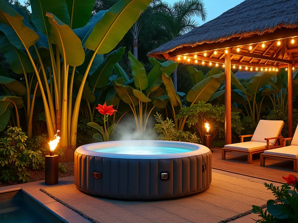 Tropical Paradise Hot Tub Retreat - A twilight garden scene featuring an inflatable hot tub nestled within a lush tropical corner setting, photographed in wide angle. Towering banana trees with broad leaves and striking bird of paradise plants create a natural privacy screen, while giant ferns cascade near the water's edge. A handcrafted tiki-style gazebo with bamboo poles and a thatched roof hovers protectively overhead, draped with gentle string lights. Natural jute rugs define the decking area, complemented by sophisticated bamboo lounge furniture with plush cream cushions. Mood lighting from copper tiki torches casts warm shadows across the space, while tropical hibiscus flowers add vibrant pops of color. The entire scene captures the essence of a high-end Balinese resort, with steam gently rising from the hot tub's surface in the golden hour light.