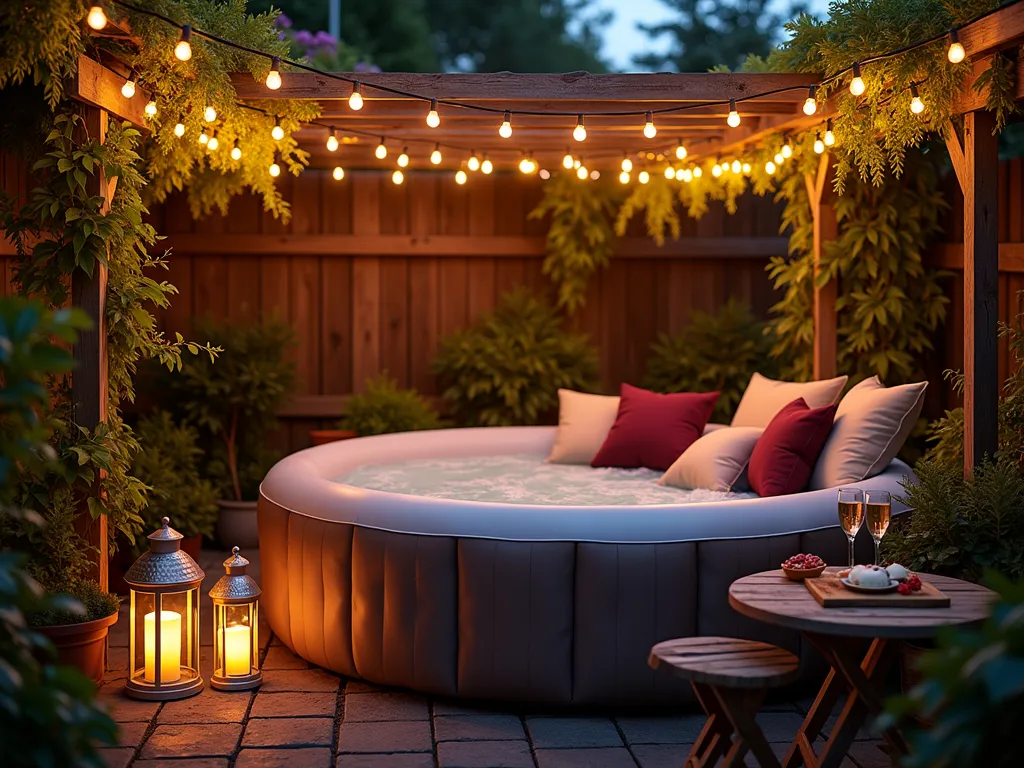 Twilight Hot Tub Haven with Edison Lights - Wide-angle dusk photograph of a cozy garden corner featuring an inflatable hot tub surrounded by a romantic setting. Warm Edison bulbs string lights create a magical canopy overhead, casting a gentle golden glow. Climbing jasmine adorns a wooden pergola, while vintage-style lanterns with flickering LED candles line the pathway. Plush waterproof cushions in deep burgundy and cream rest on weathered teak furniture. A rustic wooden side table holds champagne glasses and a small cheese board. The scene is photographed during blue hour, capturing the perfect balance between natural and artificial light, shot at f/2.8 with dreamy bokeh effect. Modern garden design with intimate atmosphere, 16mm perspective emphasizing the cozy environment while showing the full context of the garden space.