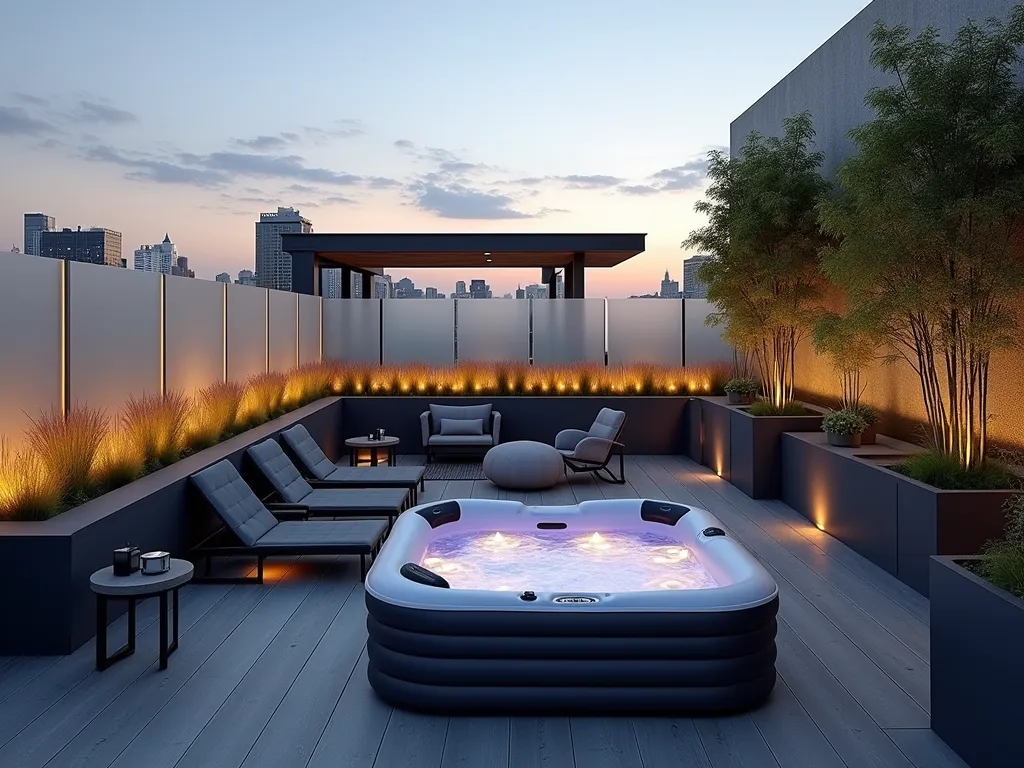 Modern Rooftop Hot Tub Haven - A sophisticated rooftop terrace at dusk featuring an inflatable hot tub surrounded by sleek composite decking and minimalist steel planters filled with ornamental grasses. Frosted glass privacy screens with integrated LED lighting create an ethereal ambiance. Modern charcoal-colored weather-resistant lounge chairs and side tables perfectly complement the space. City skyline visible in the background through the translucent screens. Wide-angle shot capturing the entire layout with warm lighting creating a cozy atmosphere. Potted bamboo provides additional privacy and natural elements.