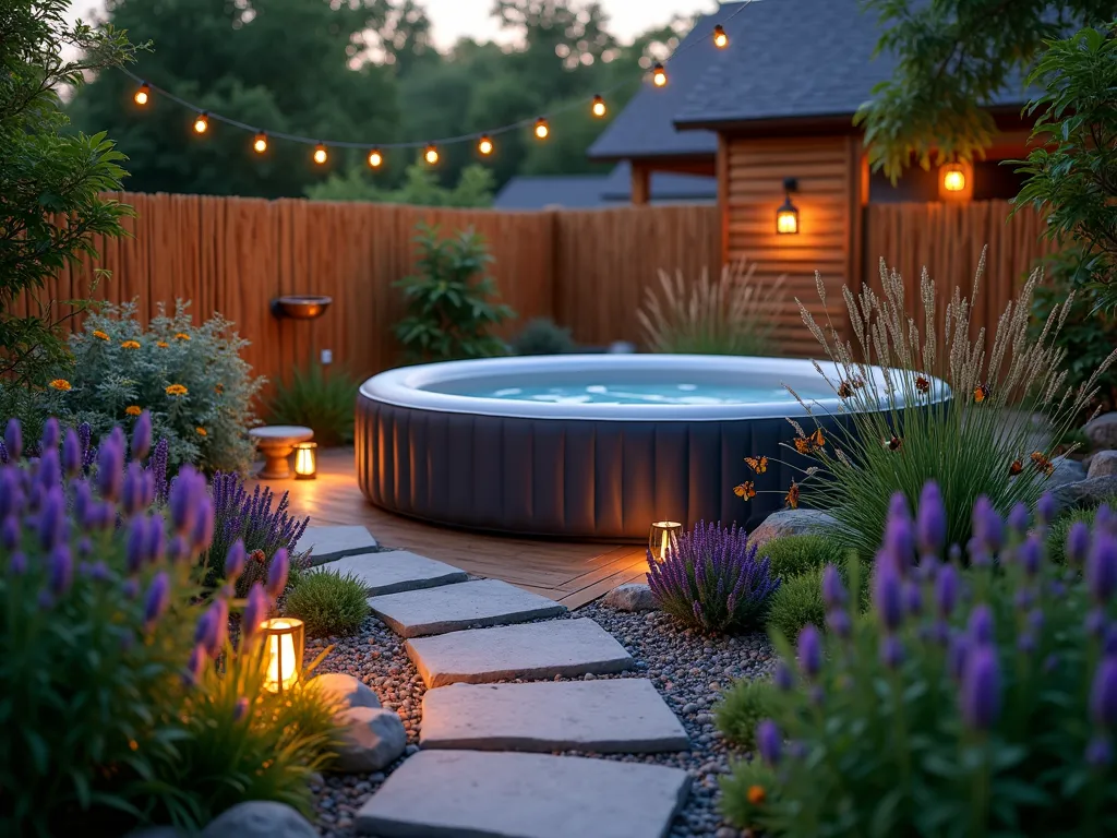 Twilight Wildlife Garden with Inflatable Hot Tub - Wide-angle twilight shot of a serene garden space featuring an elegant inflatable hot tub nestled among native wildflowers and naturalistic landscaping. Soft, warm LED path lights illuminate a curved stone pathway. Purple coneflowers, black-eyed susans, and lavender create a colorful border, while a copper bird bath reflects the golden hour light. Butterflies hover near the flowering plants, with a natural bamboo privacy screen in the background. Solar-powered lanterns cast a gentle glow, creating an enchanting atmosphere. The composition includes a small wooden deck surrounding the hot tub, with native grasses providing texture and movement. Shot with shallow depth of field focusing on the harmonious blend of hot tub and wildlife-friendly elements.