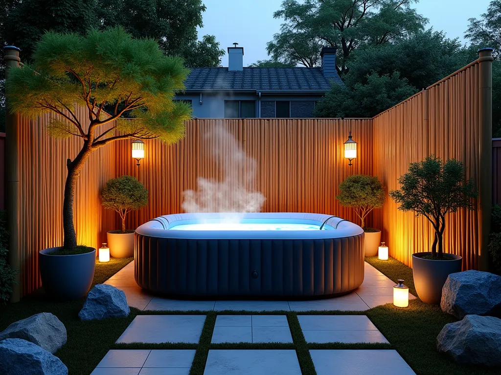 Zen Bamboo Hot Tub Sanctuary - A serene twilight garden scene featuring an inflatable hot tub nestled within a luxurious bamboo privacy screen enclosure. Natural bamboo panels create an elegant U-shaped barrier around the tub, reaching 8 feet tall. Warm LED uplighting casts dramatic shadows between bamboo stalks, creating a magical ambiance. Large potted Japanese maples and clusters of tropical birds of paradise flank the tub. Stone pavers lead to the entrance, while decorative river rocks and moss create ground texture. Paper lanterns hang from bamboo poles, casting a soft glow. The scene is captured from a wide angle, slightly elevated perspective, showing the entire zen-like sanctuary during the blue hour, with steam gently rising from the hot tub. Photorealistic, architectural photography style.