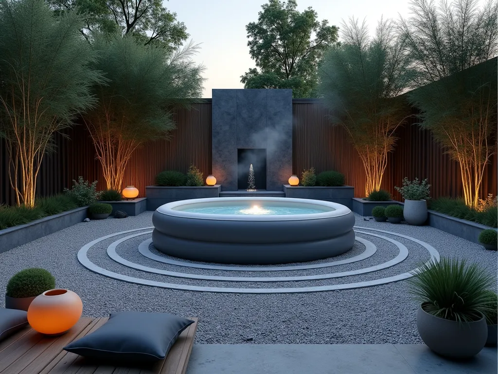 Tranquil Zen Garden Hot Tub Retreat - A serene twilight scene of a modern backyard Zen garden featuring an elegant inflatable hot tub as the centerpiece. The hot tub is surrounded by meticulously raked light gray gravel patterns creating concentric circles. Minimalist black bamboo grows in geometric planters, while a sleek stone water feature creates gentle cascades nearby. Natural reed screens provide privacy, and traditional stone lanterns cast soft ambient lighting. Dark gray meditation cushions rest on a floating wooden platform beside the hot tub. Simple ceramic pots in muted earth tones contain single specimens of ornamental grasses. The wide-angle composition captures the peaceful atmosphere with subtle evening lighting and gentle steam rising from the water.