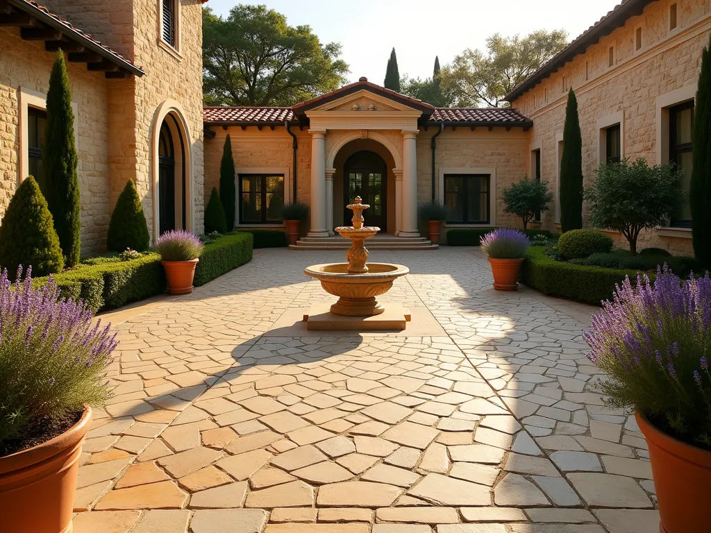 Classic Italian Travertine Courtyard - A stunning Mediterranean courtyard at golden hour, featuring an intricate Roman-pattern travertine paving in warm honey and cream tones. The geometric layout creates an elegant foundation, with the low sunlight highlighting the natural texture of the stone. Terracotta planters filled with Italian cypress and lavender border the space, while a classical stone fountain serves as a focal point. The wide-angle composition captures the sophisticated interplay of light and shadow across the textured surface, with the pavers extending toward a rustic stone villa in the background. Professional architectural photography with crisp details and perfect exposure, showcasing the timeless beauty of traditional Italian design.